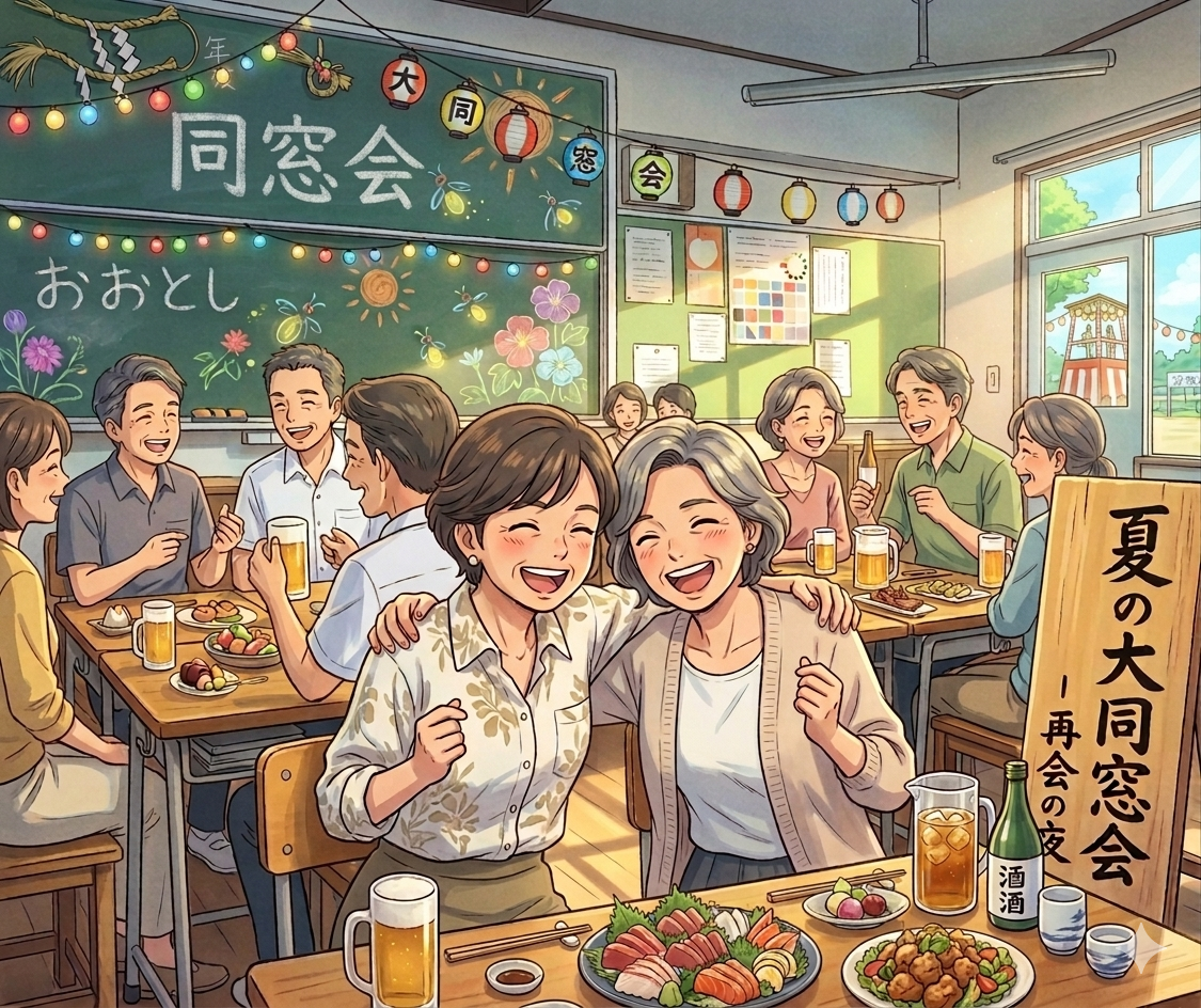 教室で集う同窓会、笑顔で乾杯する人々